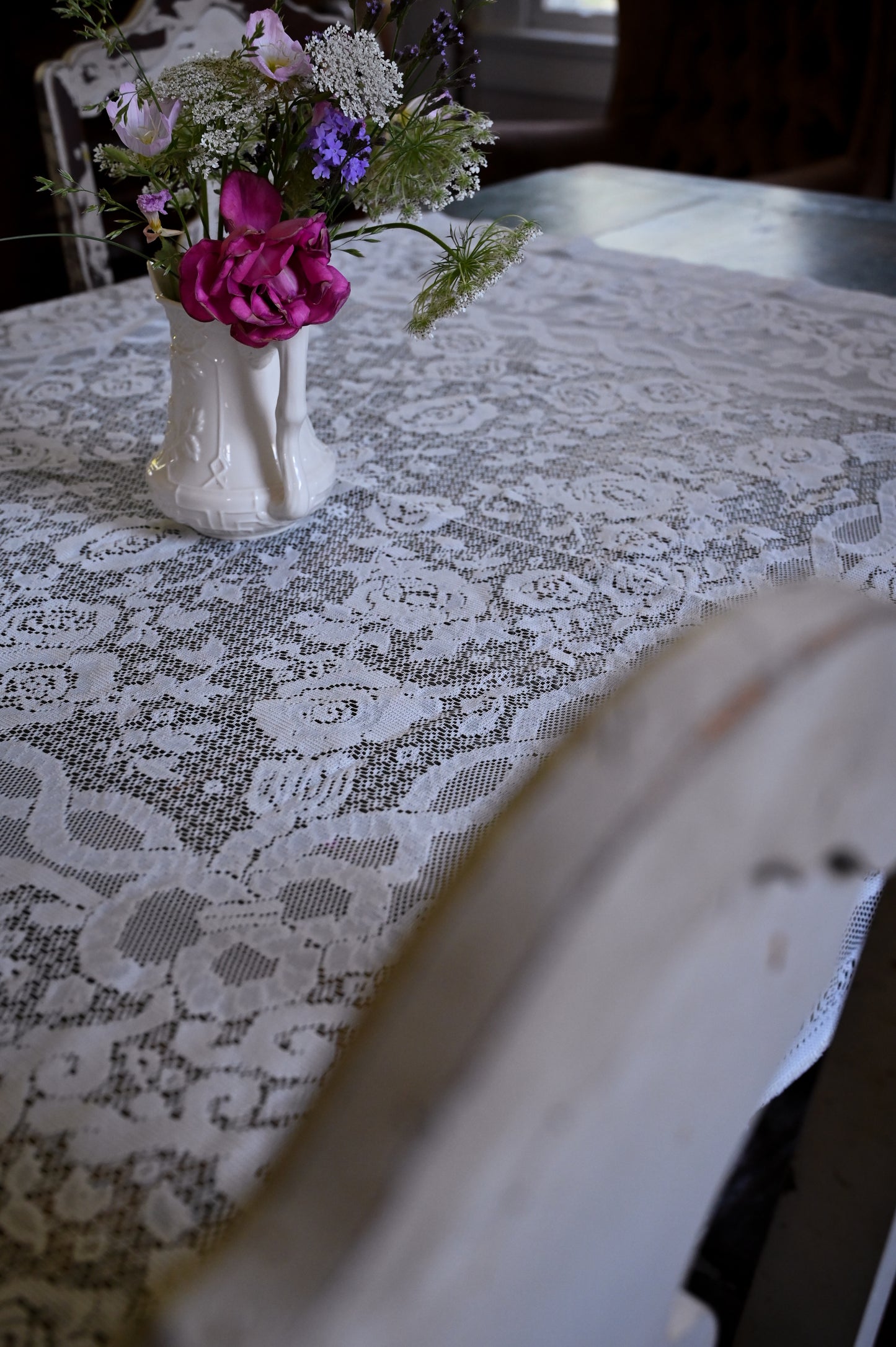 Vintage tablecloth, rectangle floral rose lace creamy white romantic dreamy country granny