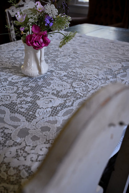 Vintage tablecloth, rectangle floral rose lace creamy white romantic dreamy country granny