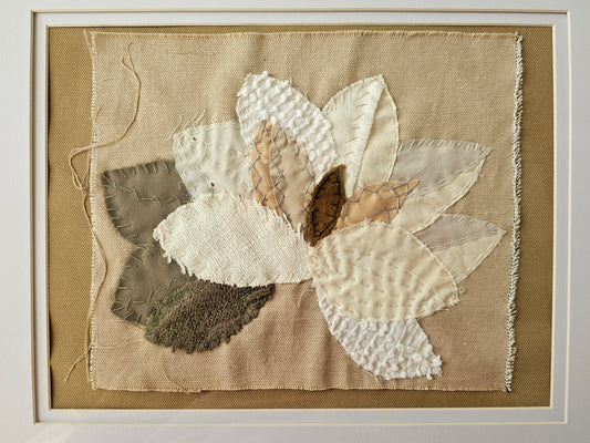 Magnolia, original art hand embroidered raw edge applique upcycled fabrics textile art