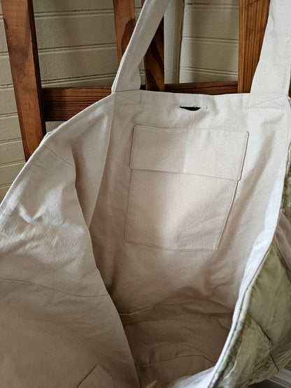 Handmade quilt bag, large oversized tote upcycled repurposed green floral nature earth tones fully lined canvas inside pocket tie closure granny chic