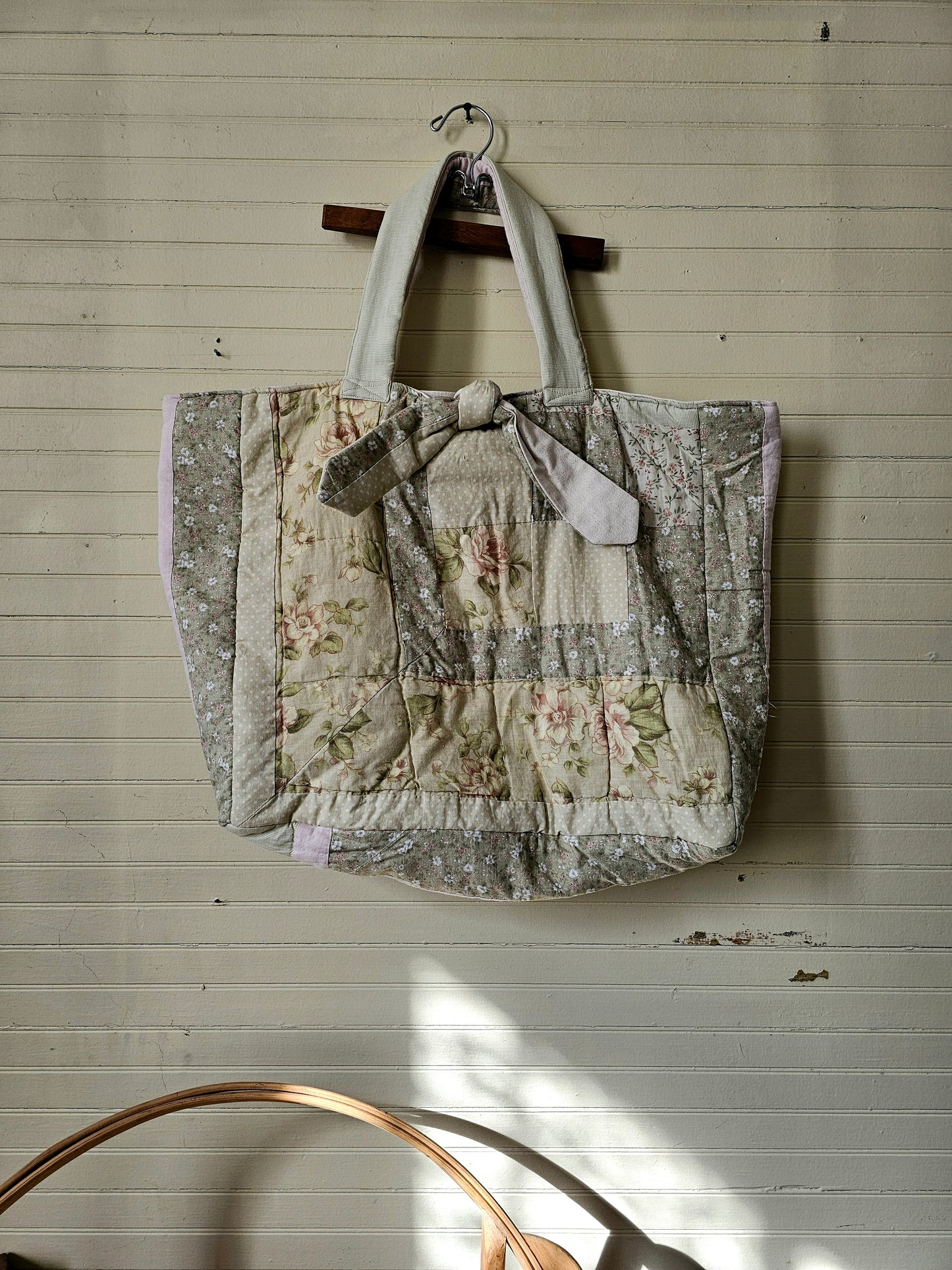Handmade quilt bag, large oversized tote upcycled repurposed green floral nature earth tones fully lined canvas inside pocket tie closure granny chic
