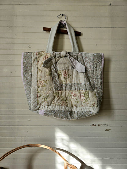 Handmade quilt bag, large oversized tote upcycled repurposed green floral nature earth tones fully lined canvas inside pocket tie closure granny chic