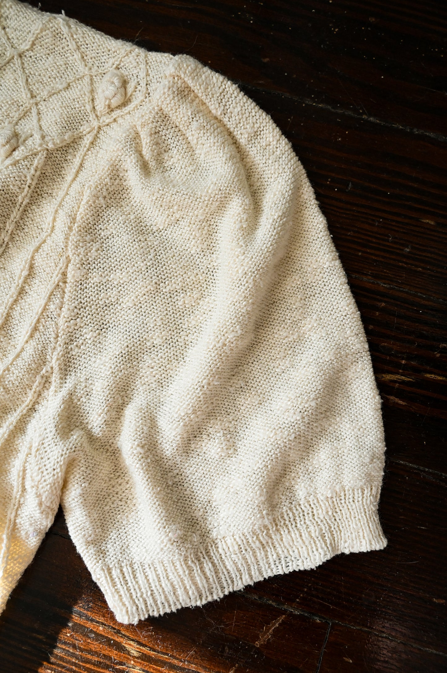 Vintage sweater top, Allison Smith medium acrylic knit cream button up short sleeves floral rosettes romantic granny chic