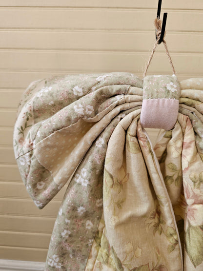 Handmade bow, green floral paisley vintage quilt fabric door decor large wreath upcycled farmhouse shabby granny chic Easter springtime summer