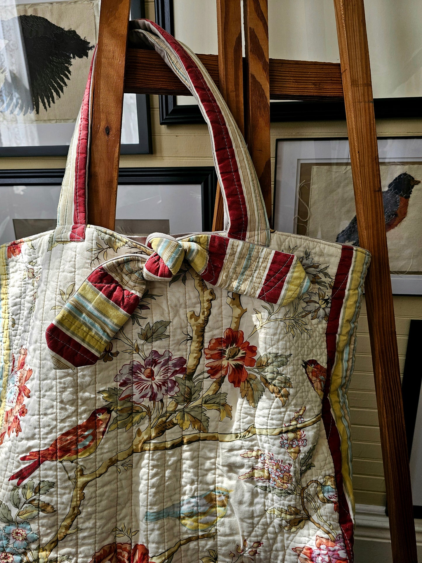 Handmade quilt bag, red brown earth tones quilted coverlet floral paisley large oversized carryall tote fully lined canvas tie closure inside pocket refashioned repurposed upcycled granny chic