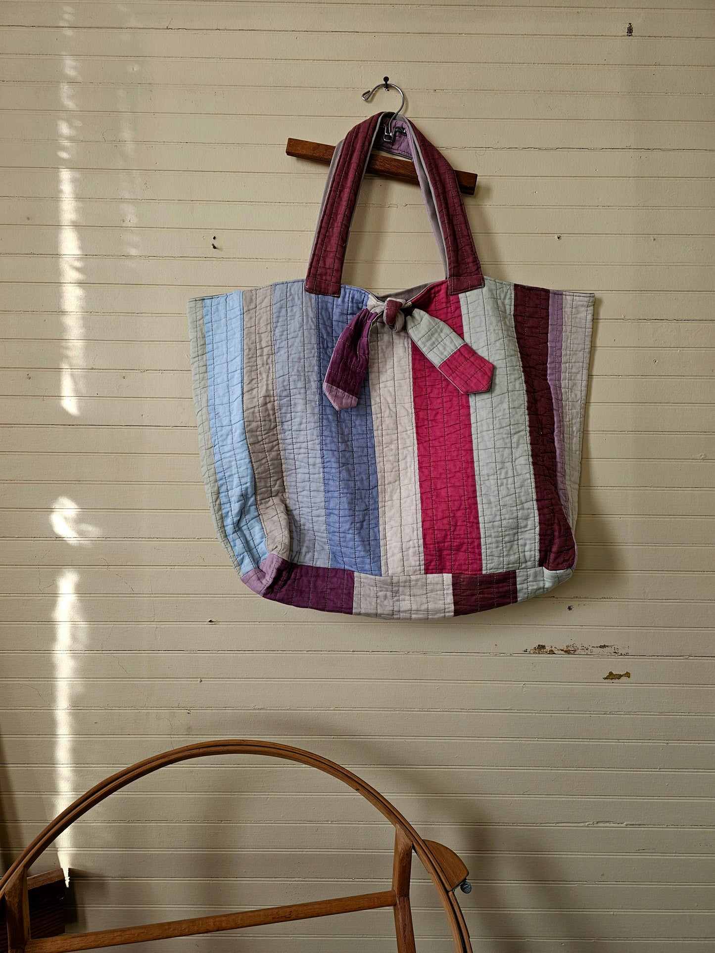 Handmade quilt bag, tote large oversized carry all striped upcycled repurposed rainbow multi-colored fully lined canvas inside pocket tie closure