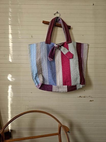 Handmade quilt bag, tote large oversized carry all striped upcycled repurposed rainbow multi-colored fully lined canvas inside pocket tie closure