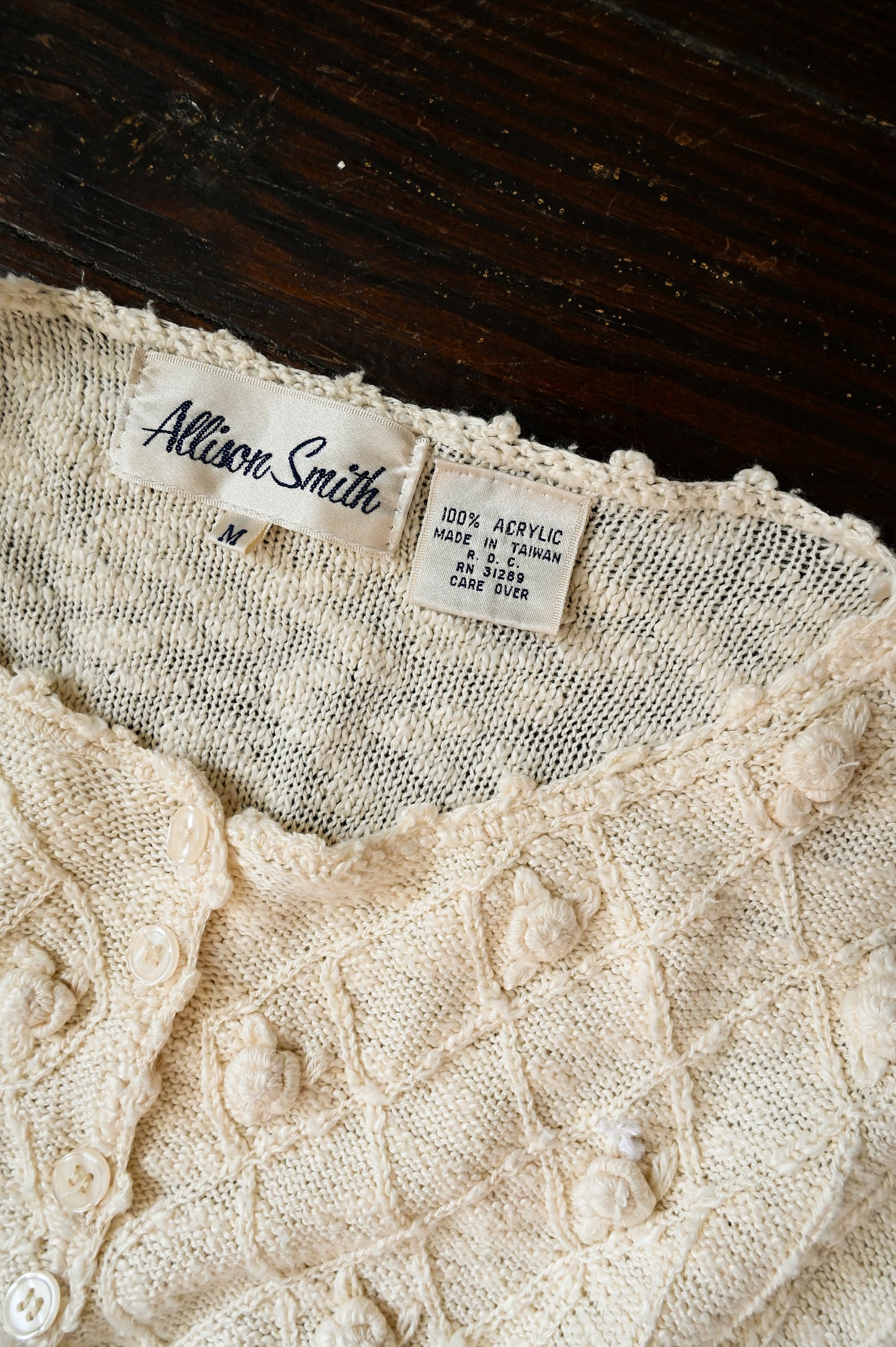 Vintage sweater top, Allison Smith medium acrylic knit cream button up short sleeves floral rosettes romantic granny chic