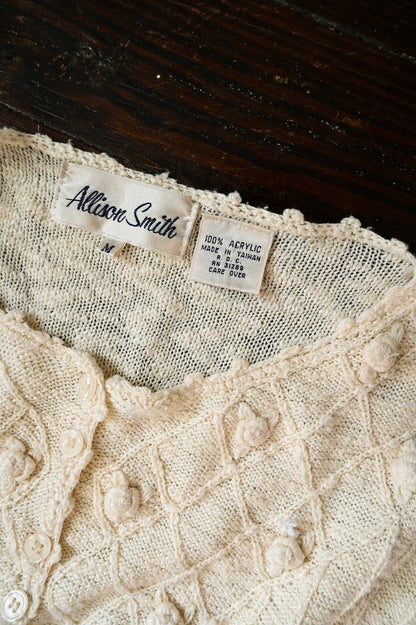 Vintage sweater top, Allison Smith medium acrylic knit cream button up short sleeves floral rosettes romantic granny chic