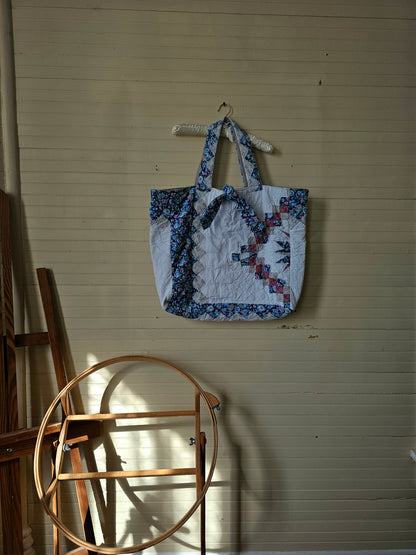 Handmade quilt bag, blue pink white patchwork floral large oversized carryall tote fully lined cream canvas inside pocket tie closure grandmillennial