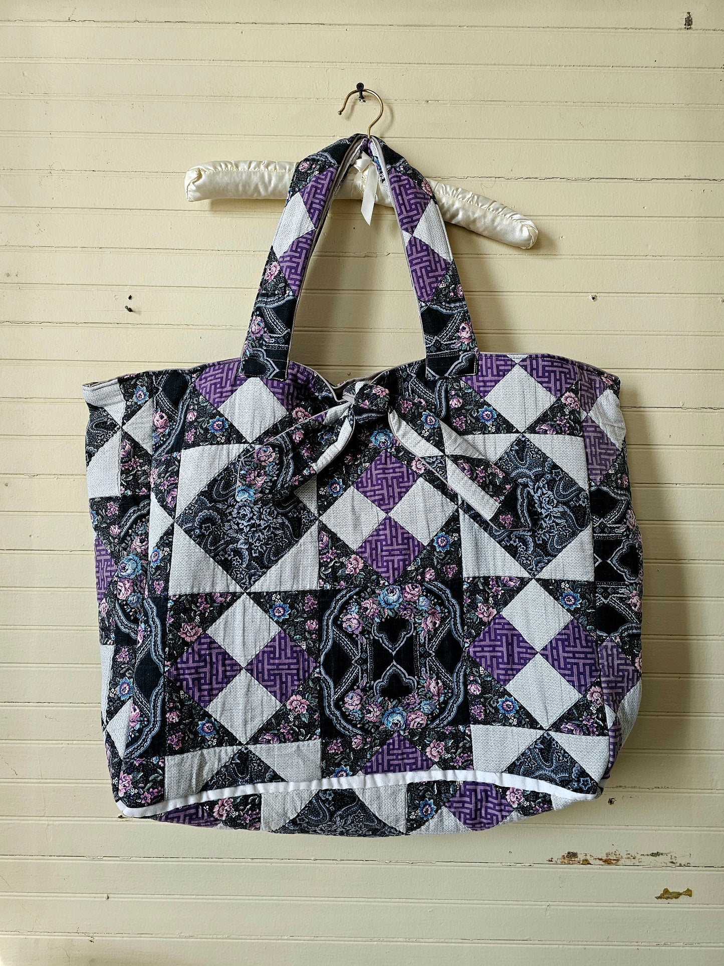 Handmade quilt bag, purple black patchwork repurposed refashioned upcycled large oversized carryall fully lined gray canvas tie closure inside pocket granny chic