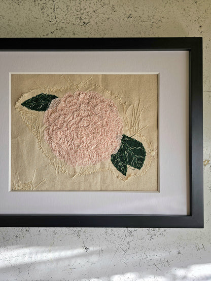 Camellia, original art hand embroidered raw edge applique upcycled fabrics textile art