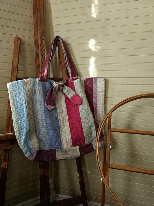 Handmade quilt bag, tote large oversized carry all striped upcycled repurposed rainbow multi-colored fully lined canvas inside pocket tie closure