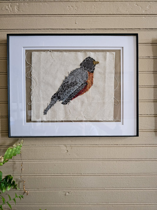 Robin, Male original art hand embroidered raw edge applique upcycled fabrics textile art