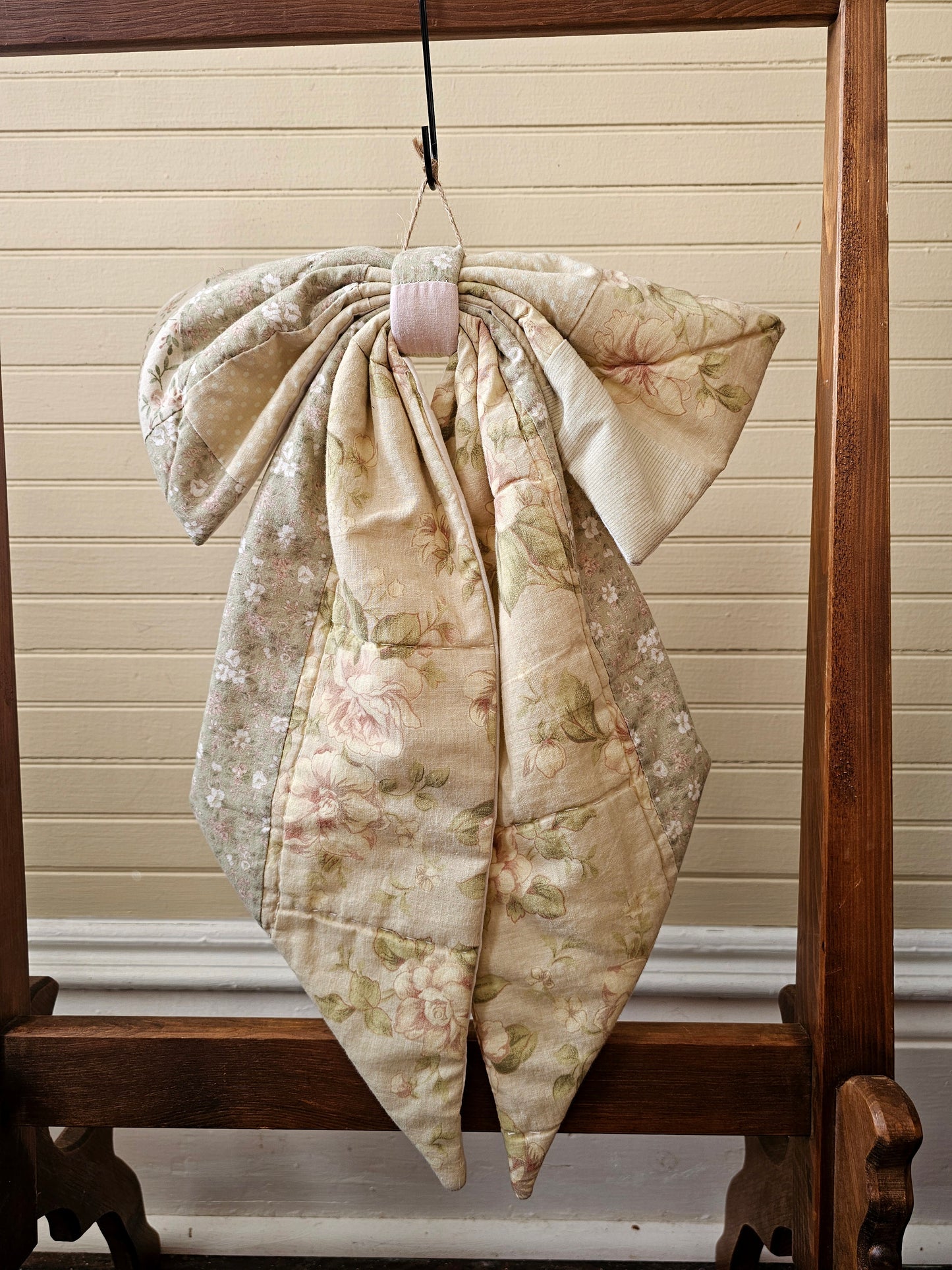 Handmade bow, green floral paisley vintage quilt fabric door decor large wreath upcycled farmhouse shabby granny chic Easter springtime summer