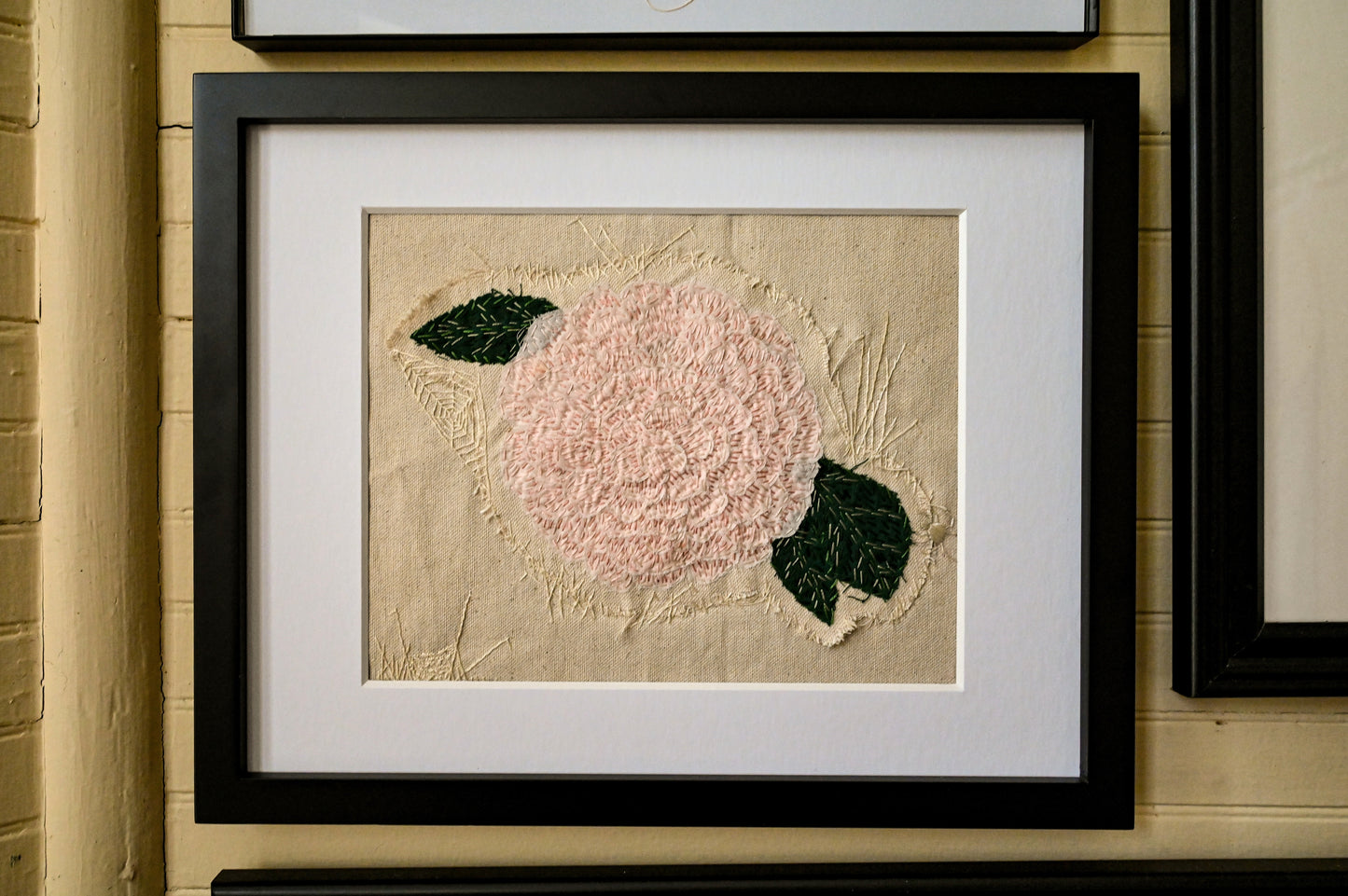 Camellia, original art hand embroidered raw edge applique upcycled fabrics textile art