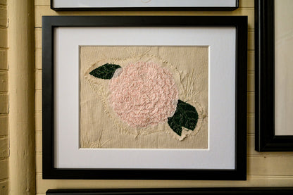Camellia, original art hand embroidered raw edge applique upcycled fabrics textile art