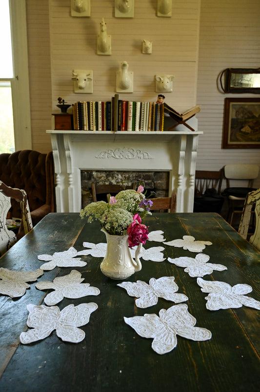 Vintage butterfly appliques, coasters cocktail napkins Lillian Vernon set of 12 white embroidered whimsical romantic country
