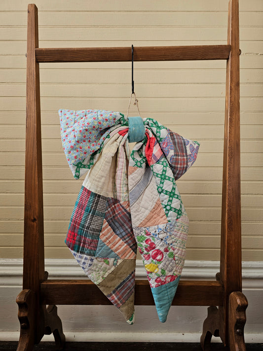 Handmade bow, patchwork floral paisley vintage quilt fabric door decor large wreath upcycled farmhouse shabby granny chic Easter springtime summer