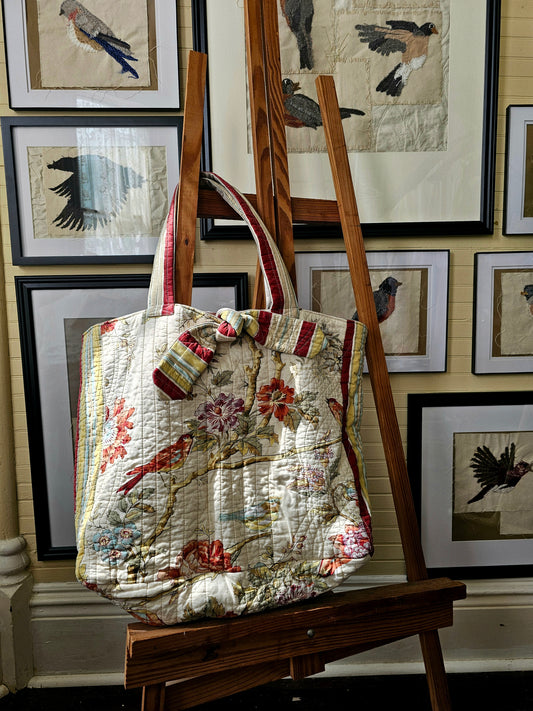 Handmade quilt bag, red brown earth tones quilted coverlet floral paisley large oversized carryall tote fully lined canvas tie closure inside pocket refashioned repurposed upcycled granny chic