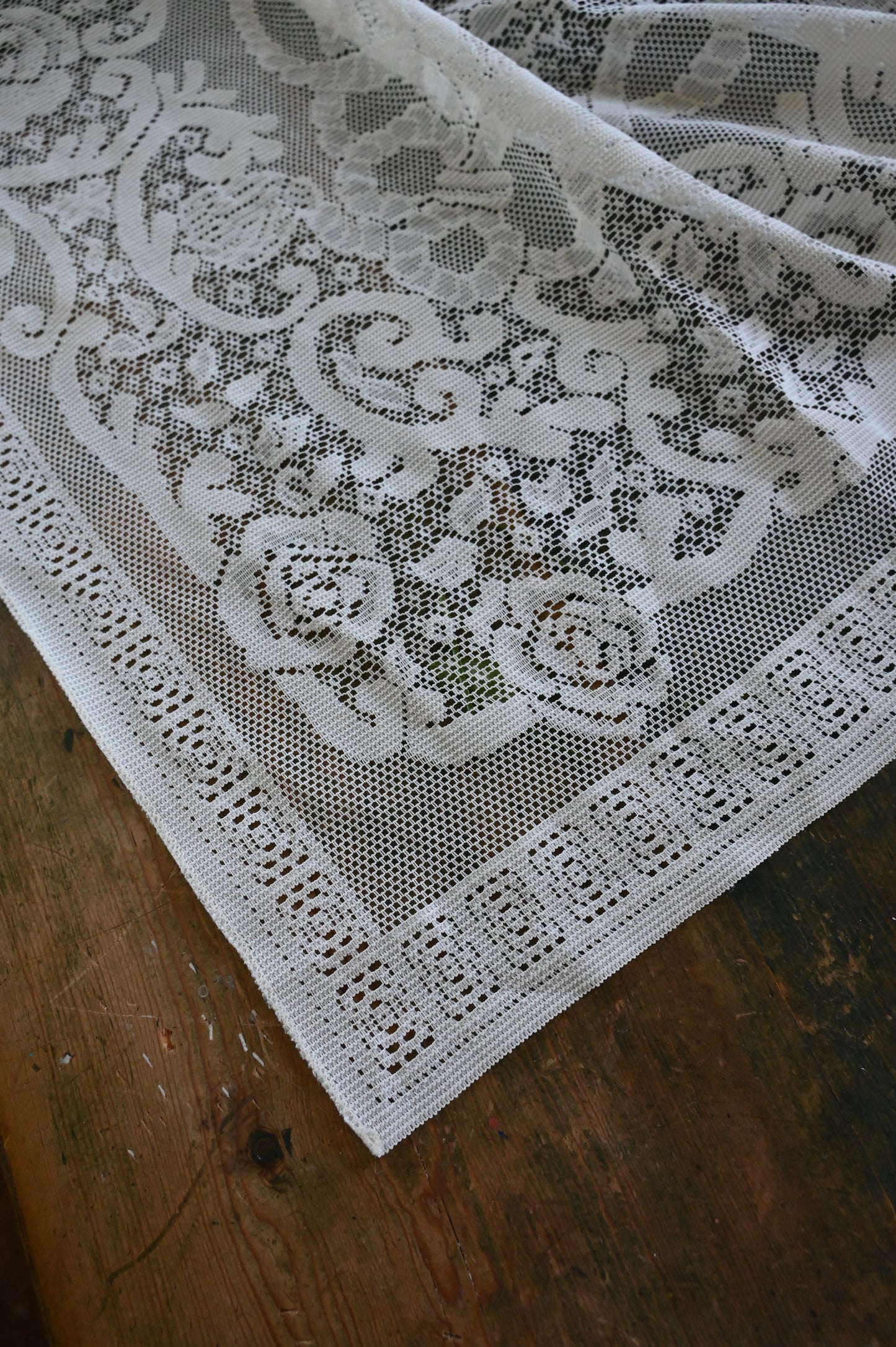 Vintage tablecloth, rectangle floral rose lace creamy white romantic dreamy country granny