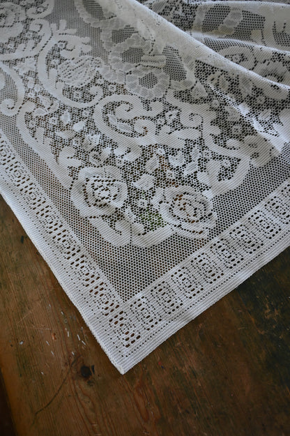 Vintage tablecloth, rectangle floral rose lace creamy white romantic dreamy country granny