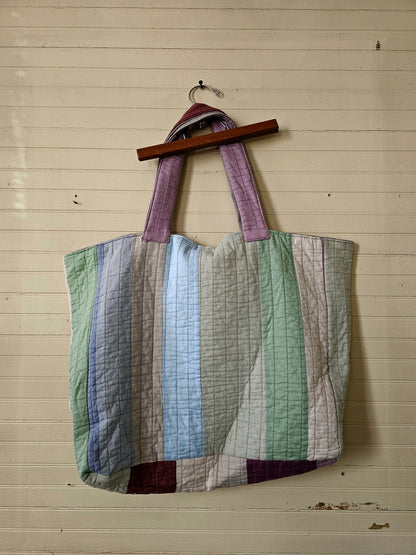 Handmade quilt bag, tote large oversized carry all striped upcycled repurposed rainbow multi-colored fully lined canvas inside pocket tie closure