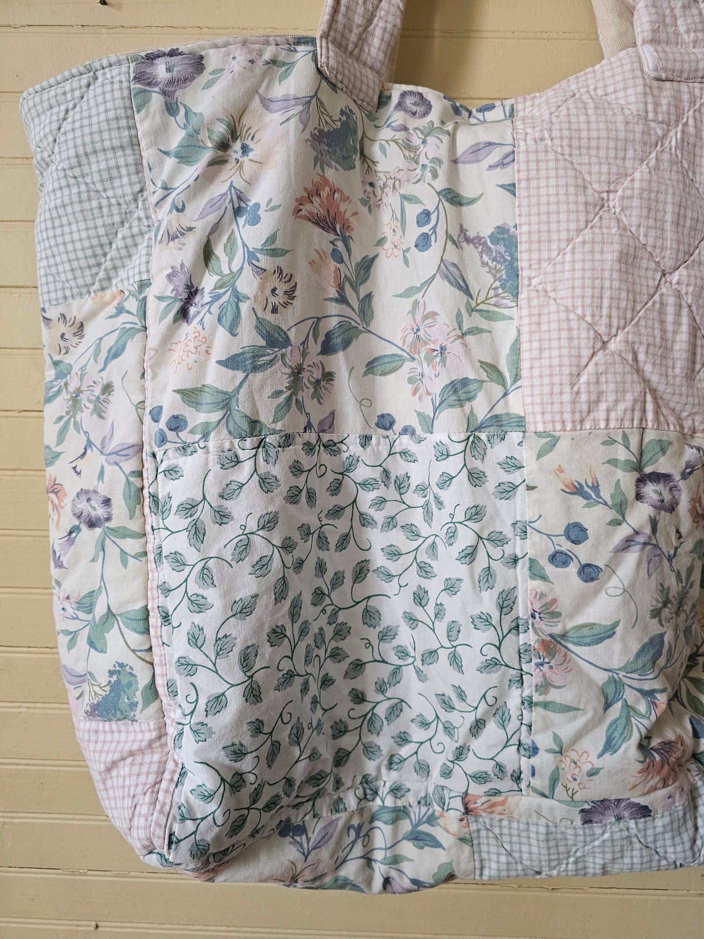 Handmade quilt bag, green pink patchwork floral large oversized carryall tote fully lined cream canvas tie closure inside pocket refashioned repurposed upcycled granny chic