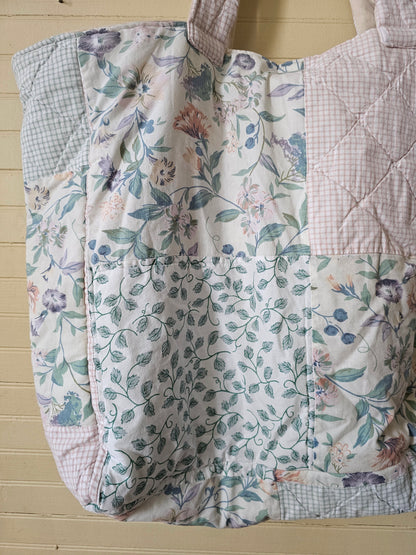 Handmade quilt bag, green pink patchwork floral large oversized carryall tote fully lined cream canvas tie closure inside pocket refashioned repurposed upcycled granny chic