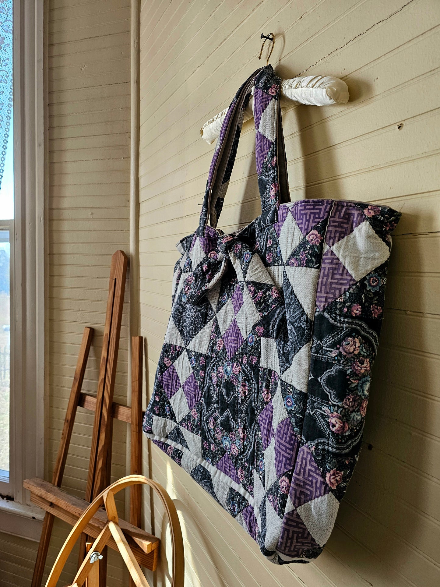 Handmade quilt bag, purple black patchwork repurposed refashioned upcycled large oversized carryall fully lined gray canvas tie closure inside pocket granny chic