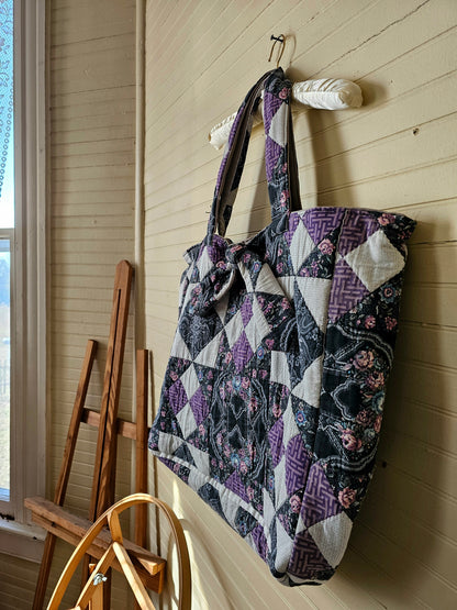 Handmade quilt bag, purple black patchwork repurposed refashioned upcycled large oversized carryall fully lined gray canvas tie closure inside pocket granny chic