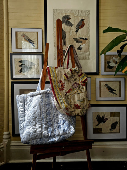 Handmade quilt bag, blue white quilted floral large oversized carryall tote fully lined cream canvas inside pocket tie closure grandmillennial