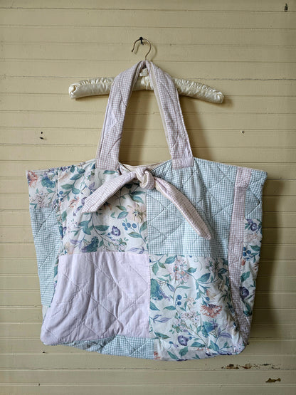 Handmade quilt bag, green pink patchwork floral large oversized carryall tote fully lined cream canvas tie closure inside pocket refashioned repurposed upcycled granny chic