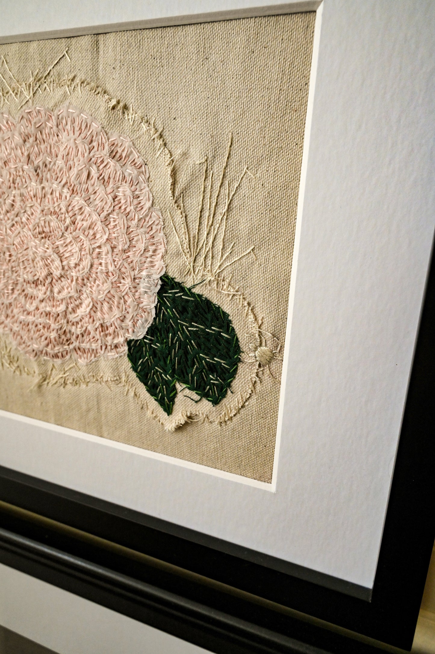Camellia, original art hand embroidered raw edge applique upcycled fabrics textile art