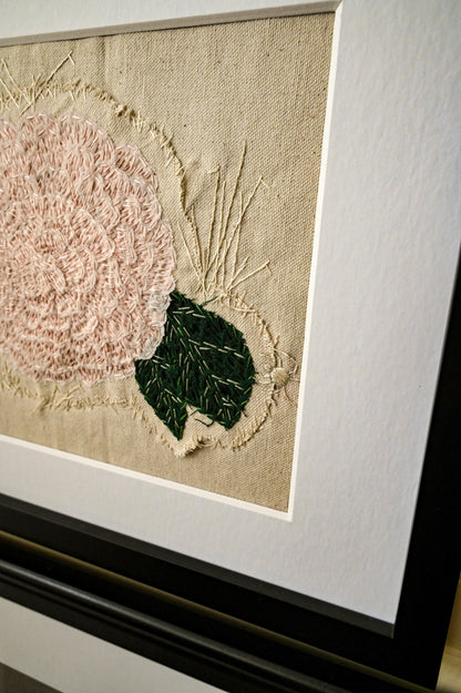 Camellia, original art hand embroidered raw edge applique upcycled fabrics textile art