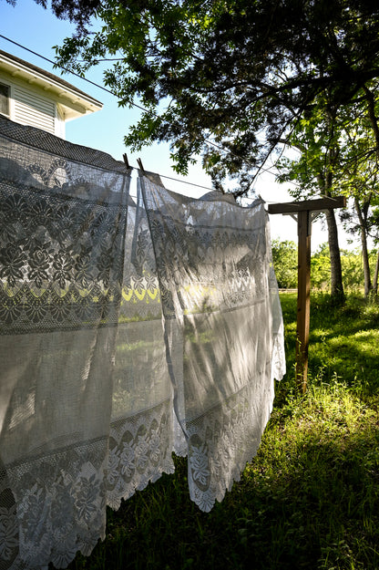 Vintage curtains, lace white floral rose set of 4 panels valance swag tiered scallop edge romantic