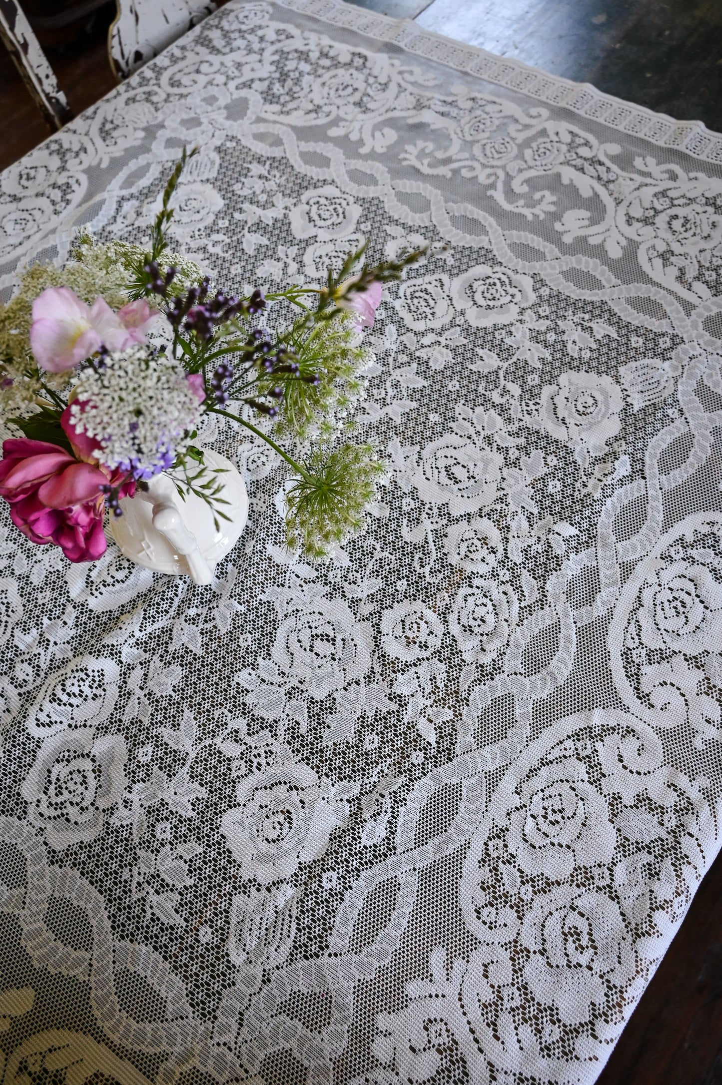 Vintage tablecloth, rectangle floral rose lace creamy white romantic dreamy country granny
