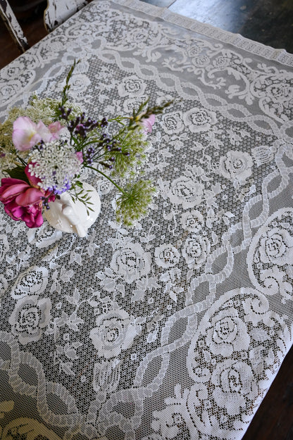 Vintage tablecloth, rectangle floral rose lace creamy white romantic dreamy country granny