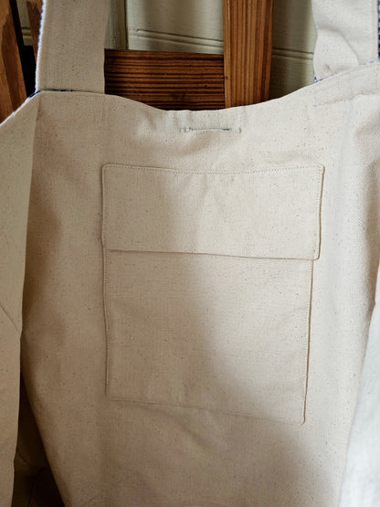 Handmade quilt bag, blue yellow upcycled repurposed refashioned patchwork large oversized carryall  tie closure inside pocket fully lined canvas granny chic