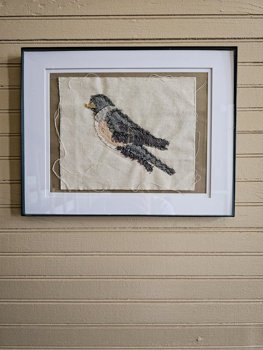 Robin, Female original art hand embroidered raw edge applique upcycled fabrics textile art