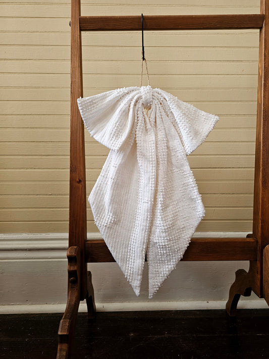 Handmade bow, white chenille vintage fabric door decor large wreath upcycled neutral farmhouse shabby granny chic Easter springtime summer