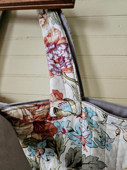 Handmade quilt tote, upcycled repurposed large oversized coverlet floral paisley nature bird red brown earth tones tie closure inside pocket