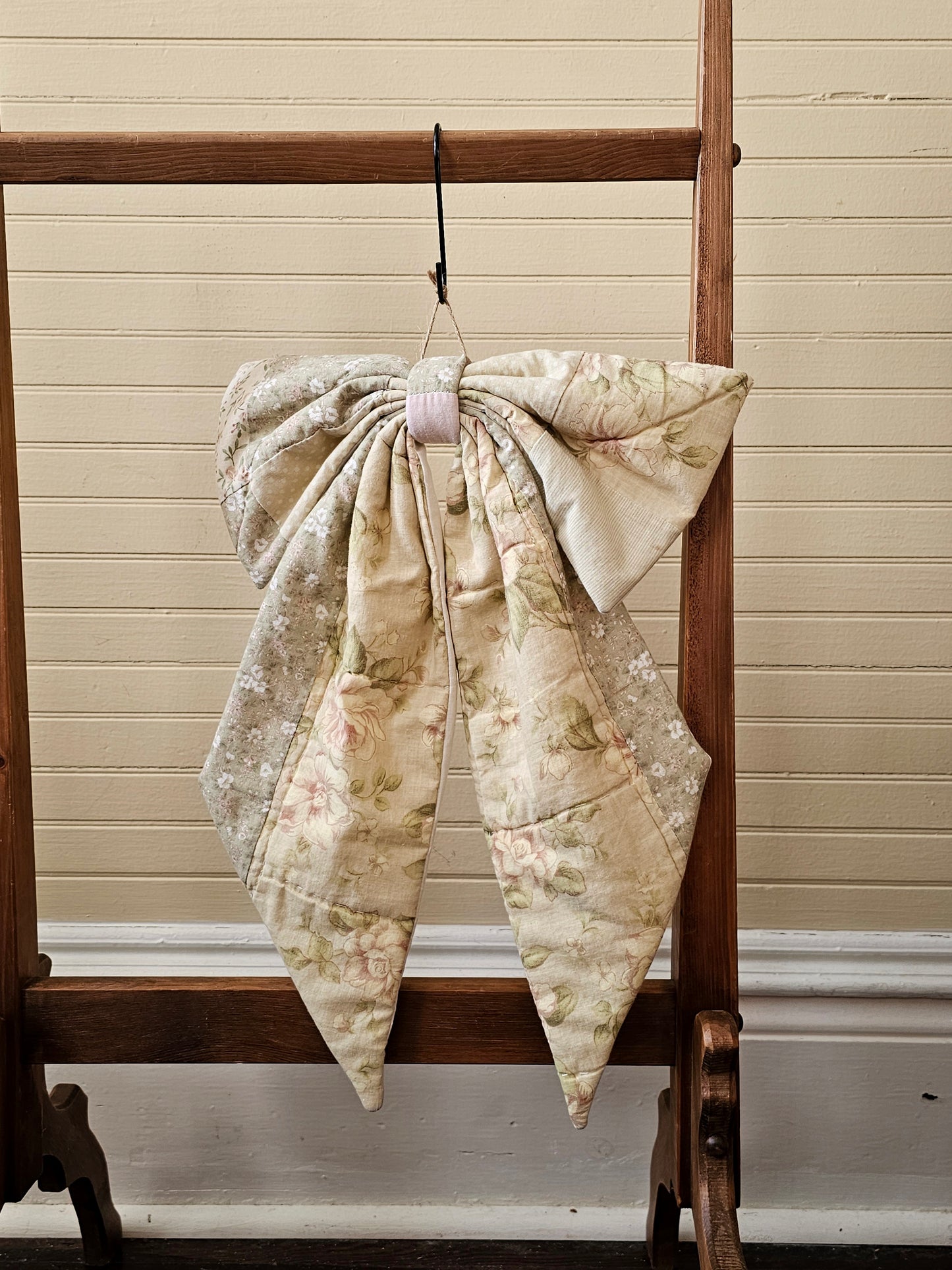 Handmade bow, green floral paisley vintage quilt fabric door decor large wreath upcycled farmhouse shabby granny chic Easter springtime summer