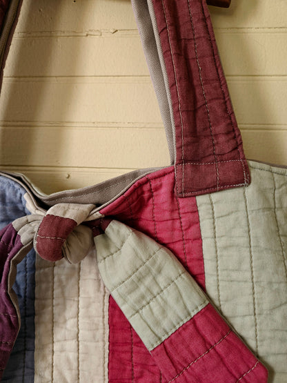Handmade quilt bag, tote large oversized carry all striped upcycled repurposed rainbow multi-colored fully lined canvas inside pocket tie closure