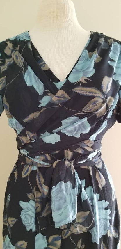 Vintage dress, Carole Little size 14 cottagecore romantic floral rose black blue wrap short sleeves rayon maxi