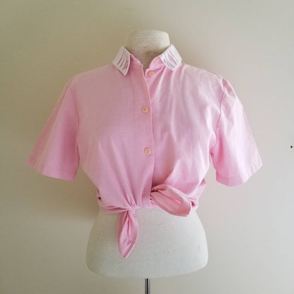 Vintage Pink Blouse / That's Me / Cotton Blouse / Button Up Shirt / Collared Shirt / Short Sleeves / Embroidered / Pleats / Rose / 80s Top