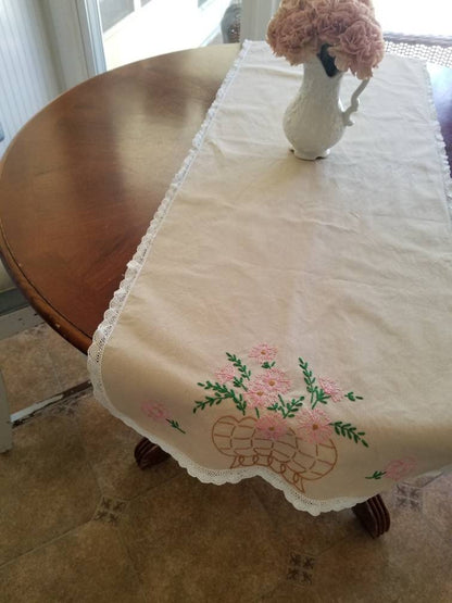 SALE Vintage Hand Embroidered Floral Table Runner