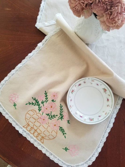 SALE Vintage Hand Embroidered Floral Table Runner