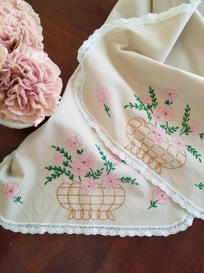 SALE Vintage Hand Embroidered Floral Table Runner