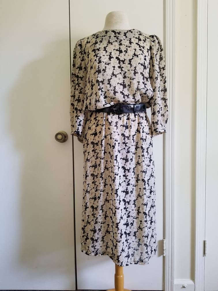 SALE Vintage Black and Cream Floral Dress / Amy Deb / 14